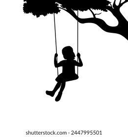 Niña jugar swing swing bajo la silueta del árbol aislado en blanco, silueta swing