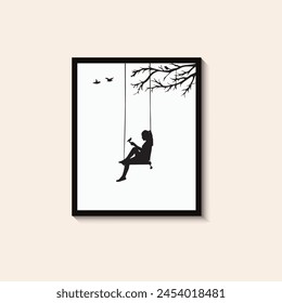 Girl play swinging swing under the tree silhouette isolated on white, swinging silhouette wall arts vector collection.