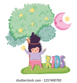 girl play with tree and moon with stars