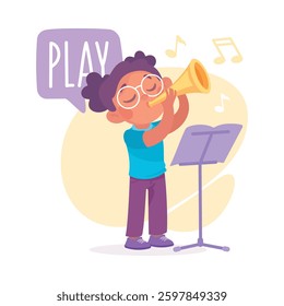 Girl Play Trumpet as Verb Study with Little Kid Demonstrating Activity Vocabulary Vector Illustration