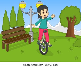Girl play unicycle at the park cartoon vector illustration