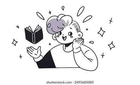 A girl with a playful hairstyle and animated face, holding a book. Black and white palette. Excellent for educational illustrations, web design, or storytelling apps.