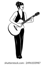 Girl playing acoustic guitar and singing. Black and white vector clipart isolated on white.