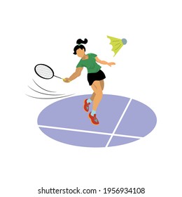 A girl playing badminton on a playground with markings beats a shuttlecock with a badminton racket