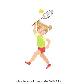 Girl Playing Badminton With Shuttlecock And Racket