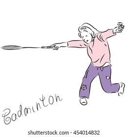Girl playing badminton. Vector illustration drawn by hand.