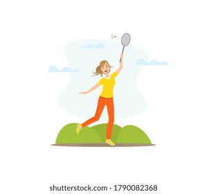 Girl Playing Badminton, Young Woman Doing Physical Activity Outdoors Vector Illustration