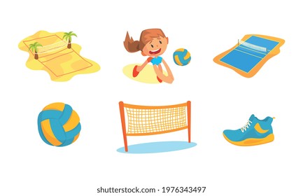 Girl Playing with Ball on Beach and Sport Equipment Vector Set