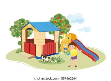 Girl playing with ball. Playground. Slider and  toy house.