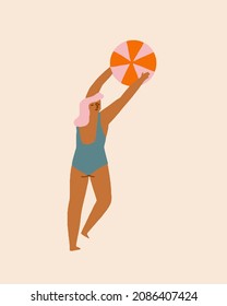 Girl playing ball in the swimming pool illustration in vector.