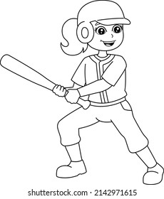 Girl Playing Baseball Coloring Page Isolated