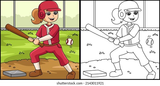 Girl Playing Baseball Coloring Page Illustration