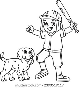 Girl Playing Baseball with a Dog Isolated Coloring