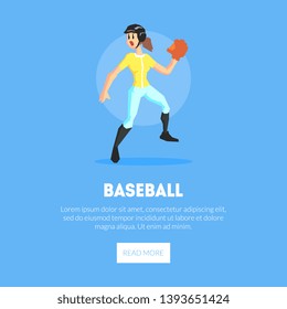 Girl Playing Baseball Weaing Sports Uniform Banner Template, Design Element Can Be Used for Landing Page, Mobile App, Website Vector Illustration
