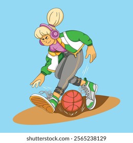 A girl playing basket flat illustration