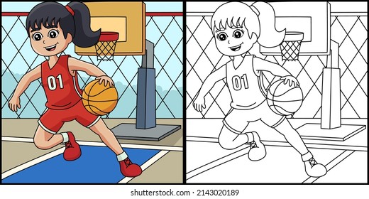 Girl Playing Basketball Coloring Page Illustration