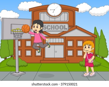 A girl playing basketball at the school while the other watching