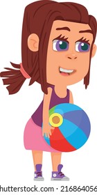 Girl playing with beach ball. Funny kid character