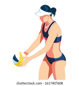 Girl playing beach volleyball. Flat vector illustration, isolated character on white background.