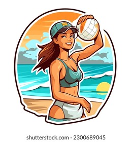 Niña jugando al voleibol playa. Disciplinas deportivas. ilustración vectorial de dibujos animados, fondo aislado, etiqueta, pegatina