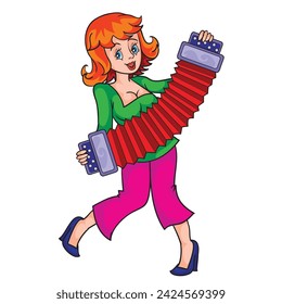 girl playing a big pink accordion, isolated object on a white background, cartoon, vector, eps