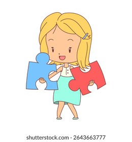 Girl playing big puzzle pieces, hand drawn