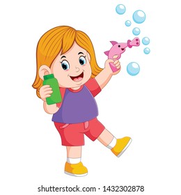 the girl is playing with the bubble and holding the green bottle