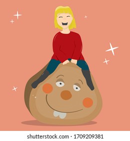 Girl playing with Cagatio - cagatio is a 
catalan christmas tradition - vector illustration