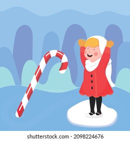 Girl playing with candy cane. Winter celebrate concept, vector illustration. Flat winter landscape. Snow background. Snowman. Snow. Clear blue sky. Snow weather