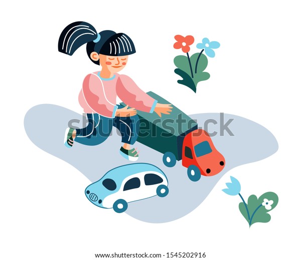 Girl playing with car toys flat illustration. Little\
child sitting outdoors and holding plastic truck cartoon character.\
Kid in kindergarten yard isolated design element. Nursery, primary\
school game