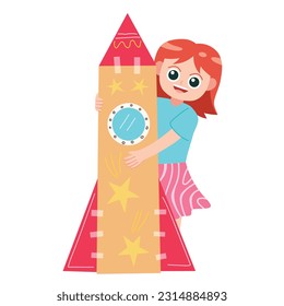 Girl playing with cardboard rocket cartoon vector