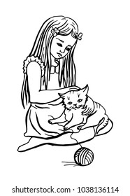 girl playing with cat