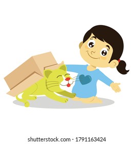girl playing with cat in cardboard