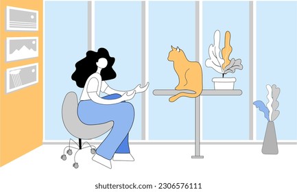 The girl is playing with a cat. People together with pets spending time.  Pet-friendly place for animal lovers. Pets are welcome. 