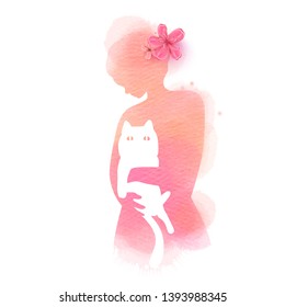 Girl playing with cat silhouette on watercolor background. The concept of trust, friendship and pet care. Digital art painting. Vector illustration