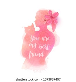 Girl playing with cat  silhouette on watercolor background. The concept of trust, friendship and pet care. Digital art painting. Vector illustration