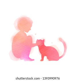 Girl playing with cat silhouette on watercolor background. The concept of trust, friendship and pet care. Digital art painting. Vector illustration
