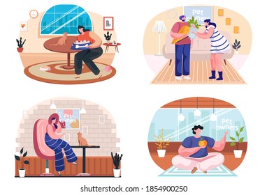 A girl is playing with a cat sitting on the table. Pet owner spend time at home with his domestic animal kitty vector design illustration. Happy woman feeding her white rabbit at home scenes set