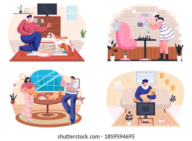 A girl is playing with a cat sitting on the table. Pet owner spend time at home with his domestic animal dog vector design illustration. Woman playing with her white rabbit at home scenes set