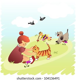 girl playing with cat, vector