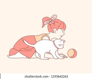 Girl playing with a cat. Vector illustration