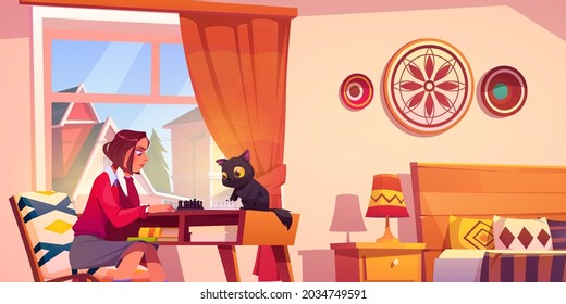 Girl Playing Chess With Funny Cat In Her Bedroom. Young Woman Board Game Recreation, Prepare For Intelligence Tournament Thinking At Chessboard In Room Home Interior, Cartoon Vector Illustration