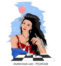 A girl playing chess, on the background of beautiful sky, sun and seagulls, she is very attractive and smart