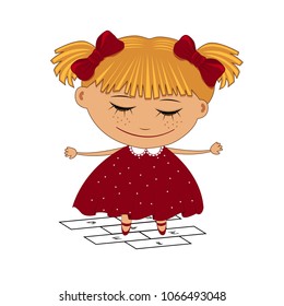 Girl playing "classics". Vector illustration. Postcard, banner, sticker.