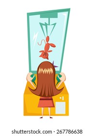 Girl playing claw machine, vector illustration