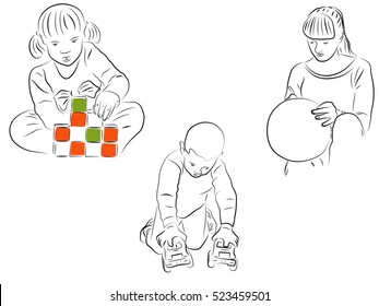 Girl playing with colored cubes, boy playing with two toy cars, a girl holding a balloon. Vector drawing.