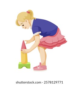 Girl playing with colorful toy rocket on white background. Vector illustration