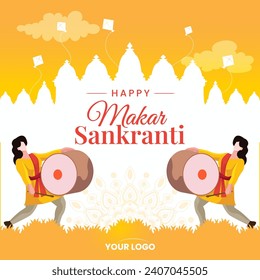 girl playing dhol in front of temple for makar sankranti with kites vector