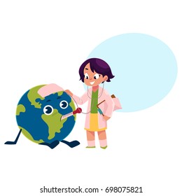 Girl playing doctor with Globe, Earth planet character, cartoon vector illustration isolated on white background with speech bubble