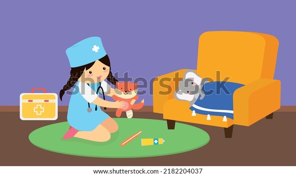 girl playing doctor with her\
toys